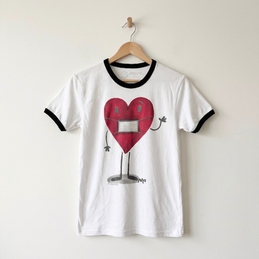 Out of Print Mo Willems Heart Face Mask‎ Graphic Ringer Tee White XS Rare Ltd Ed